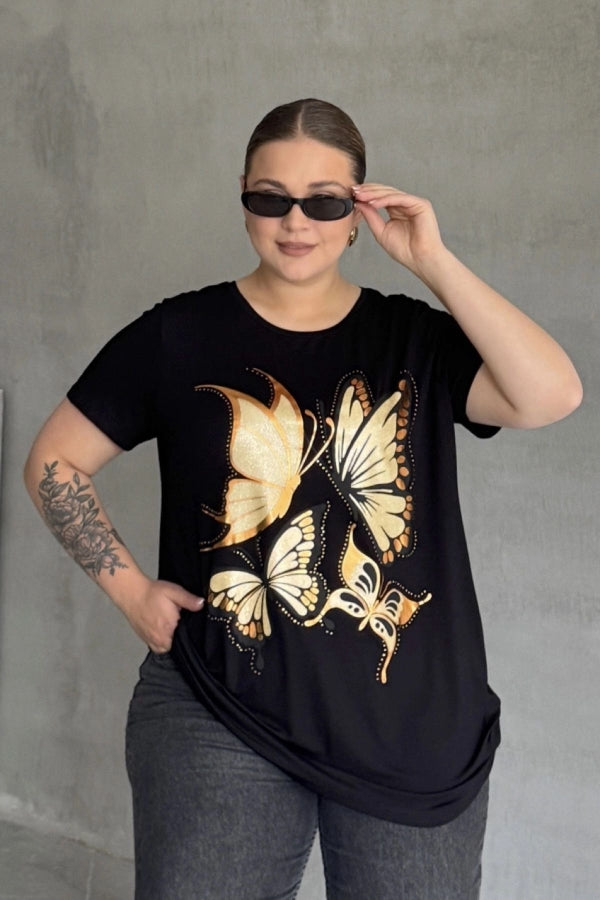 Büyük Beden Kelebek Baskılı Parlak Simli T-shirt 302275 Vervegrand