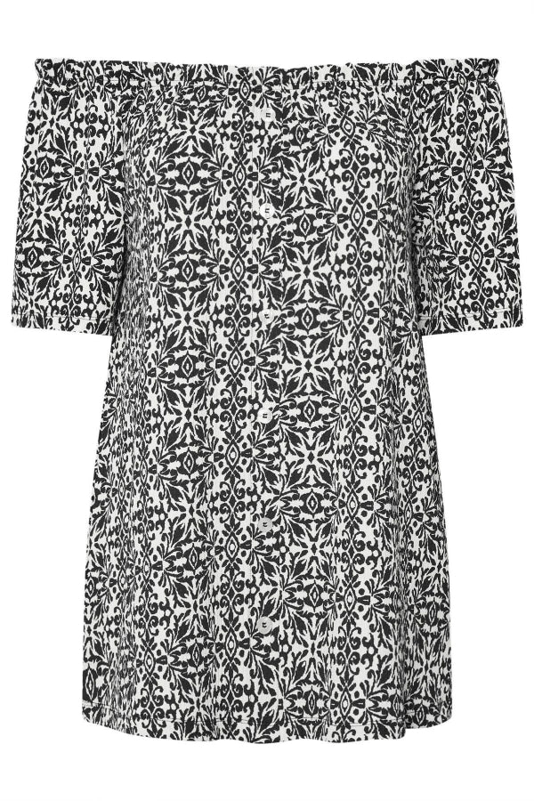 Büyük Beden Düşük Omuzlu Kısa Kollu Düğme Detaylı Desenli Bluz 322679 Vervegrand