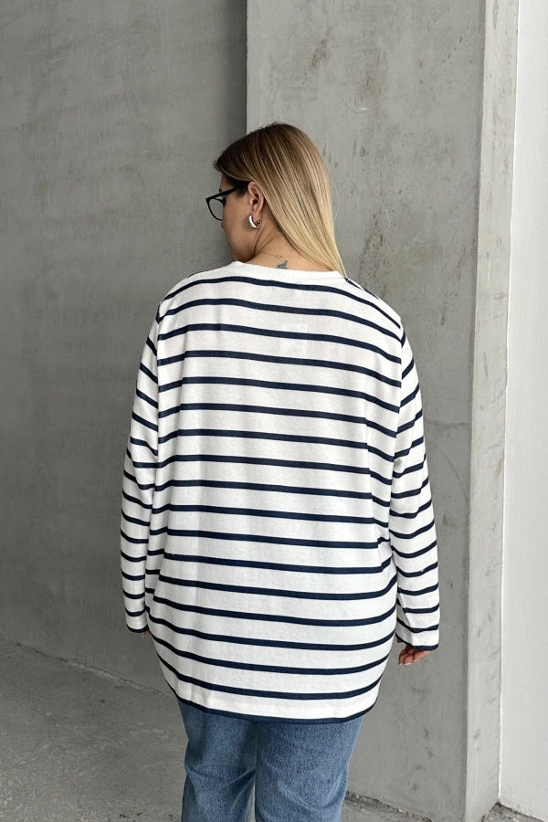 Büyük Beden Uzun Kollu Çizgili Mevsimlik T-shirt SD-1063 Vervegrand