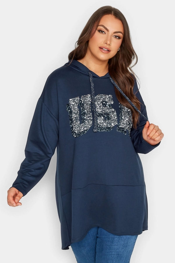 Büyük Beden Kapüşonlu Payetli Asimetrik Uzun Kesim Sweatshirt 301768 Vervegrand