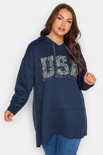 Büyük Beden Kapüşonlu Payetli Asimetrik Uzun Kesim Sweatshirt 301768 Vervegrand
