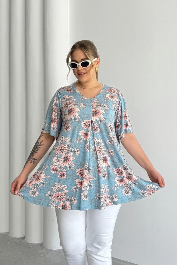 Büyük Beden V Yaka Kısa Kollu Eteği Bollaşan Desenli Bluz 101-44 Vervegrand