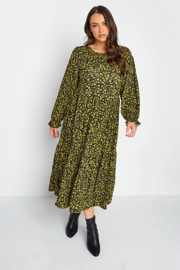 Büyük Beden Bisiklet Yaka Çiçek Desenli Katlı Midi Boy Elbise 137624 Vervegrand