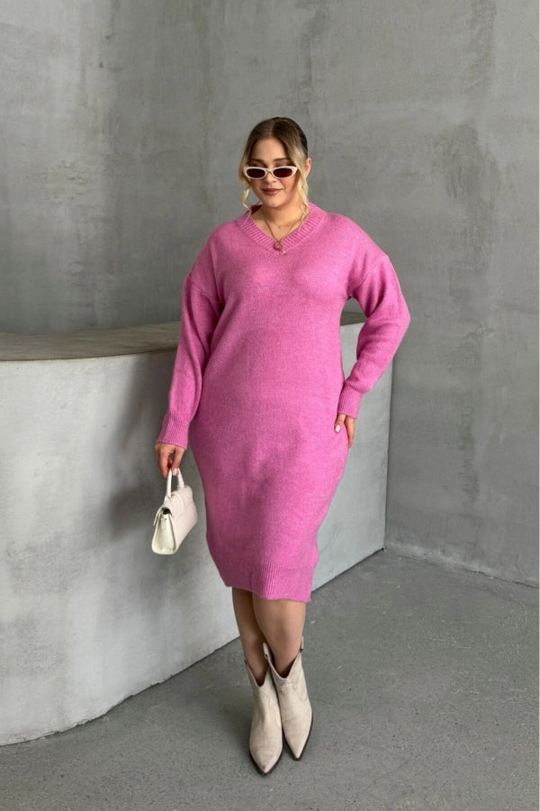 Büyük Beden V Yaka Uzun Kollu Örme Kazak Elbise 302336 Vervegrand