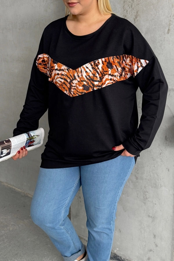 Büyük Beden Bisiklet Yaka Uzun Kollu Leopar Desenli Sweatshirt 300281 Vervegrand