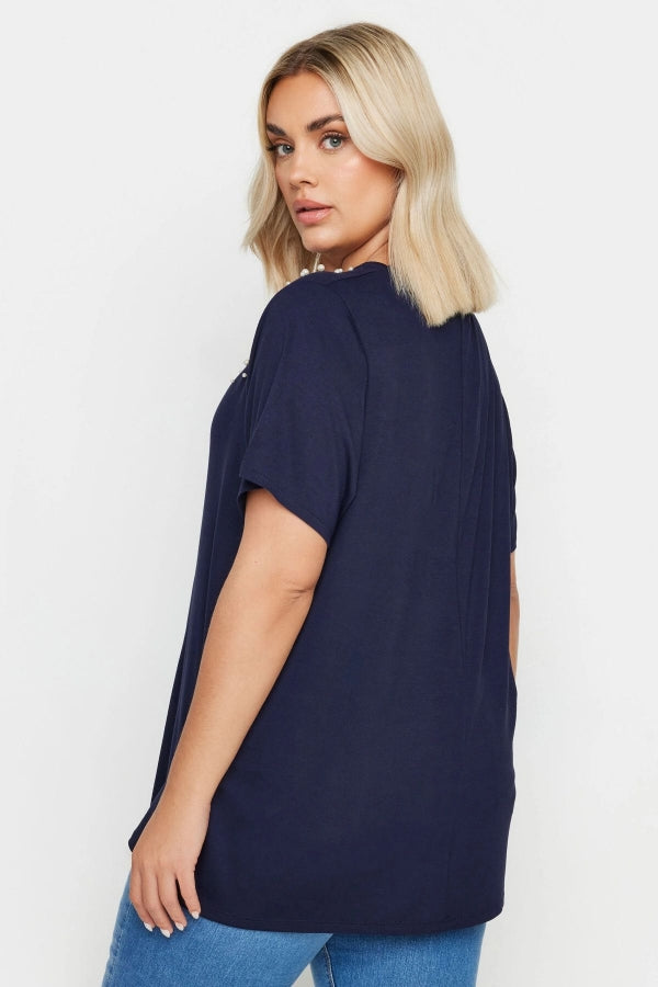 Büyük Beden Bisiklet Yaka Kısa Kollu İnci İşlemeli T-shirt 321885 Vervegrand