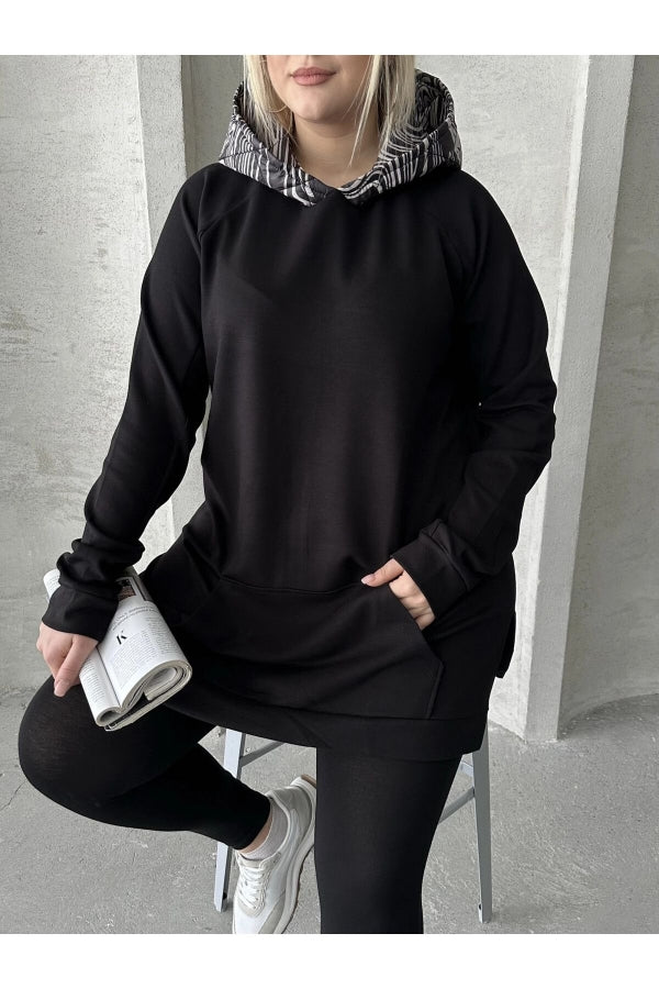 Büyük Beden Uzun Kollu Kapüşonlu Kanguru Cepli Yanları Yırtmaçlı Sweatshirt 300372 Vervegrand