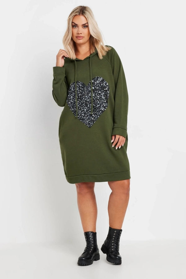 Büyük Beden Uzun Kollu Cepli Payet Detaylı Kapüşonlu Sweat Elbise 303557 Vervegrand