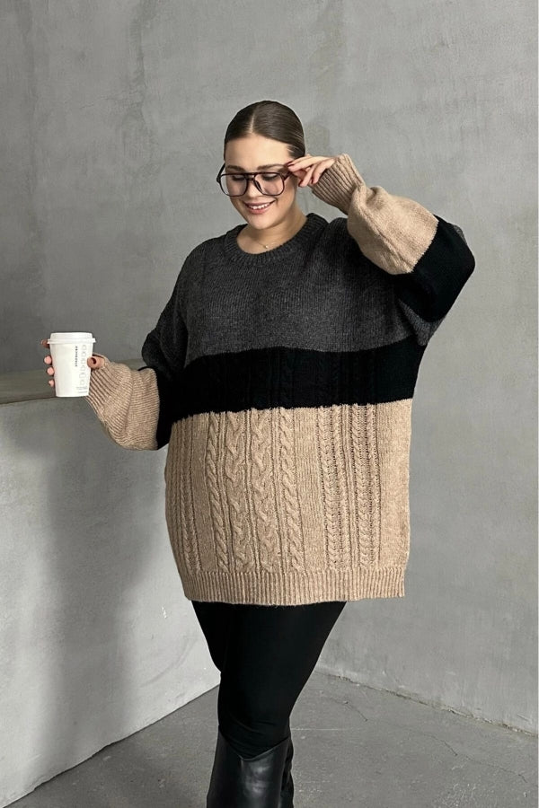 Büyük Beden Uzun Kollu Bisiklet Yaka Triko Kazak DG-05 Vervegrand