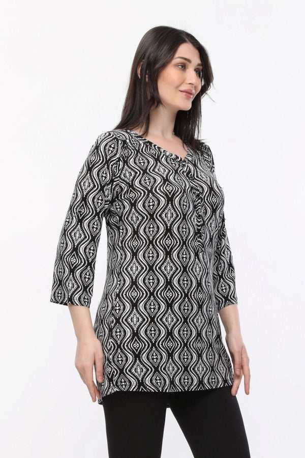 Büyük Beden Desenli Önü Düğmeli Fakir Kol Bluz E15156 Vervegrand