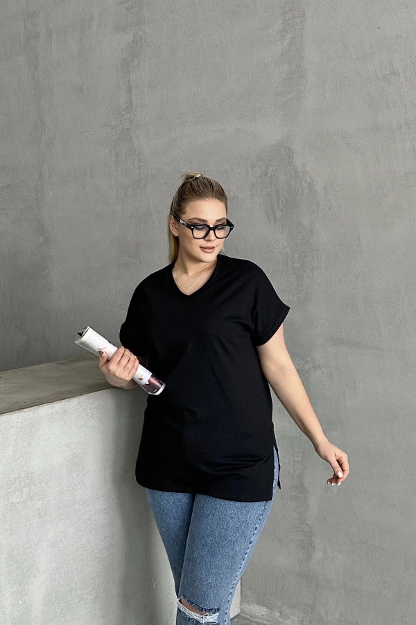 Büyük Beden Kısa Kollu V Yaka Yanları Yırtmaçlı Basic T-shirt RFT-02 Vervegrand