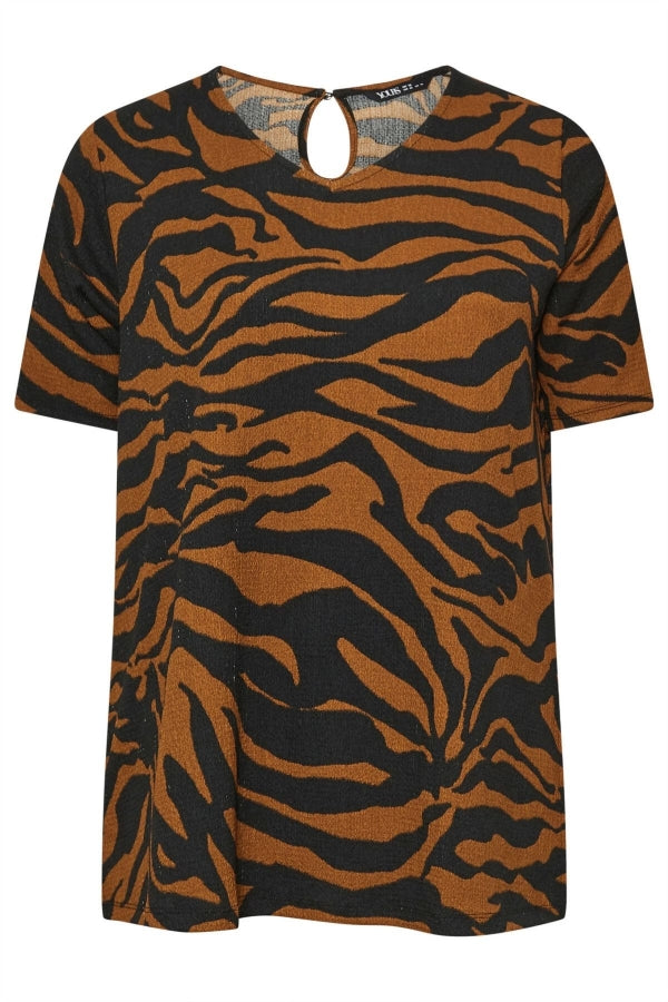 Büyük Beden Kısa Kollu Bisiklet Yaka Yanı Yırtmaçlı Desenli Bluz 303739 Vervegrand