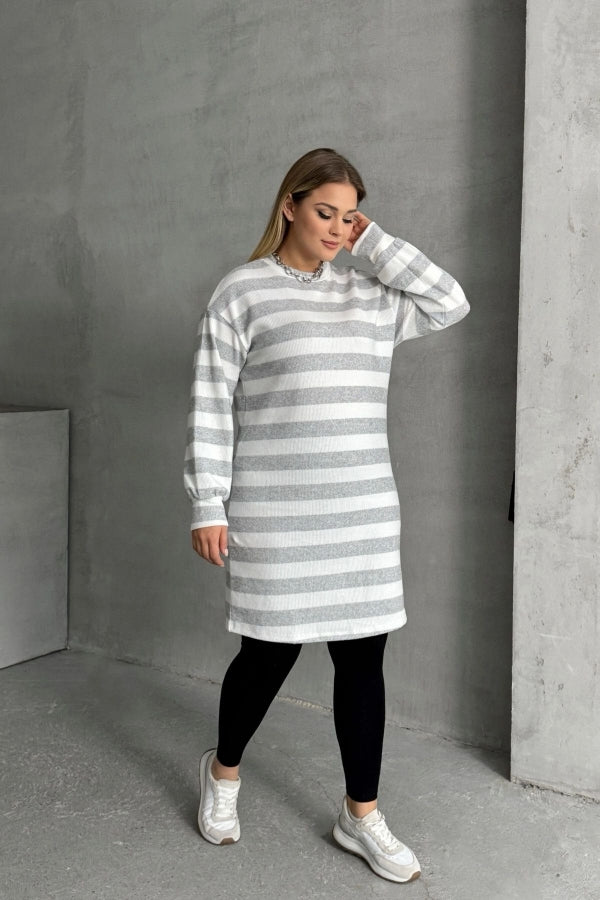 Büyük Beden Bisiklet Yaka Uzun Kollu Bileği Lastikli Çizgili Elbise 303063 Vervegrand