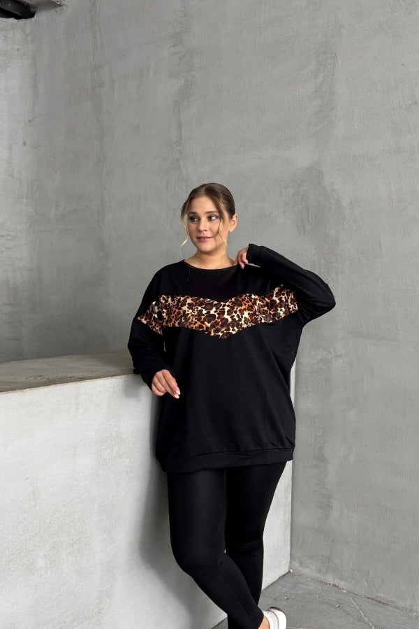 Büyük Beden Bisiklet Yaka Uzun Kollu Leopar Desenli Sweatshirt 300335 Vervegrand