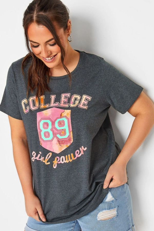 Vervegrand büyük beden College 89 baskılı gri t-shirt ön görünüm
