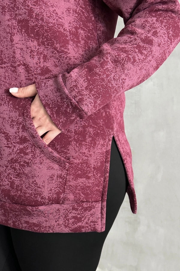 Büyük Beden Uzun Kollu Bisiklet Yaka Önü Cepli Desenli Sweatshirt 106-78 Vervegrand