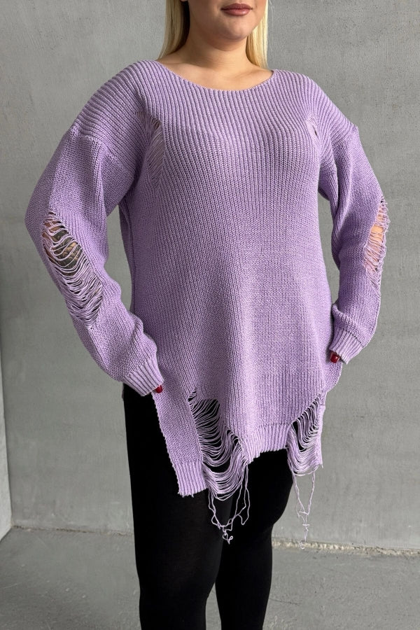 Büyük Beden Uzun Kollu Bisiklet Yaka Yırtık Detaylı Triko Kazak T-3 Vervegrand