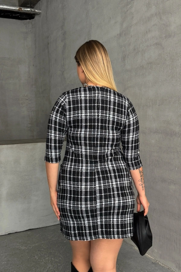 Büyük Beden Bisiklet Yaka Yarım Kollu Cepli Desenli Elbise 301506 Vervegrand