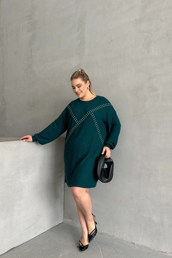 Büyük Beden Uzun Kollu Yumuşak Dokulu Taş İşlemeli Triko Elbise 285040 Vervegrand