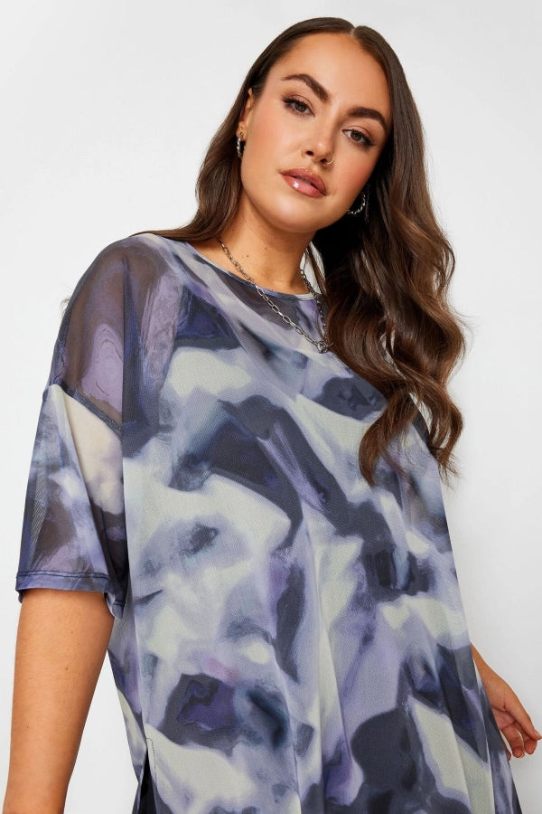 Büyük Beden Bisiklet Yaka Kısa Kollu Soyut Desenli Tül Detaylı Bluz 216066 Vervegrand