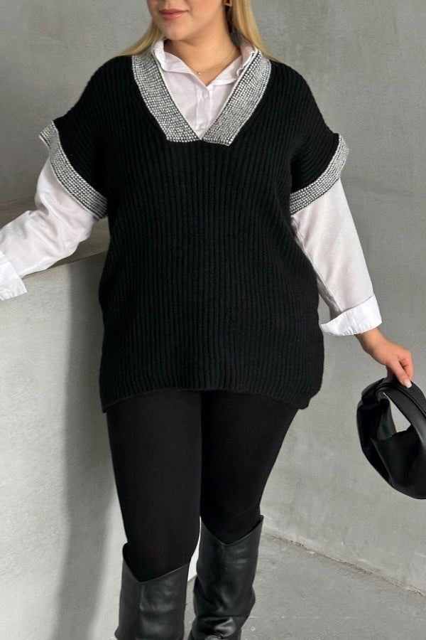 Büyük Beden V Yaka Kısa Kollu Triko Süveter 302139 Vervegrand