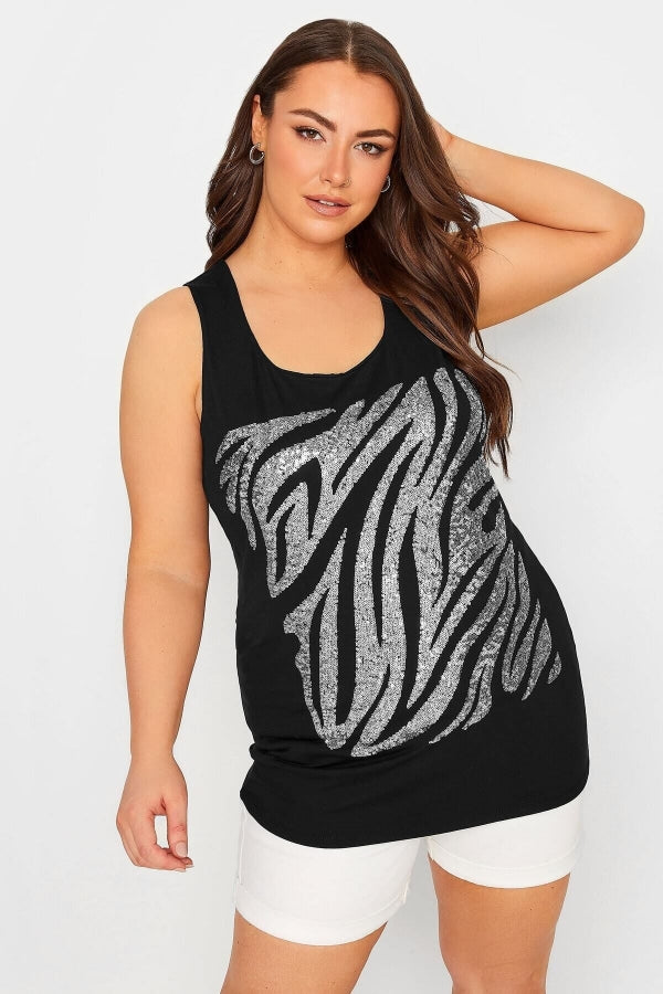 Büyük Beden Sıfır Kol Zebra Desenli Payet İşlemeli Bluz 302091 Vervegrand