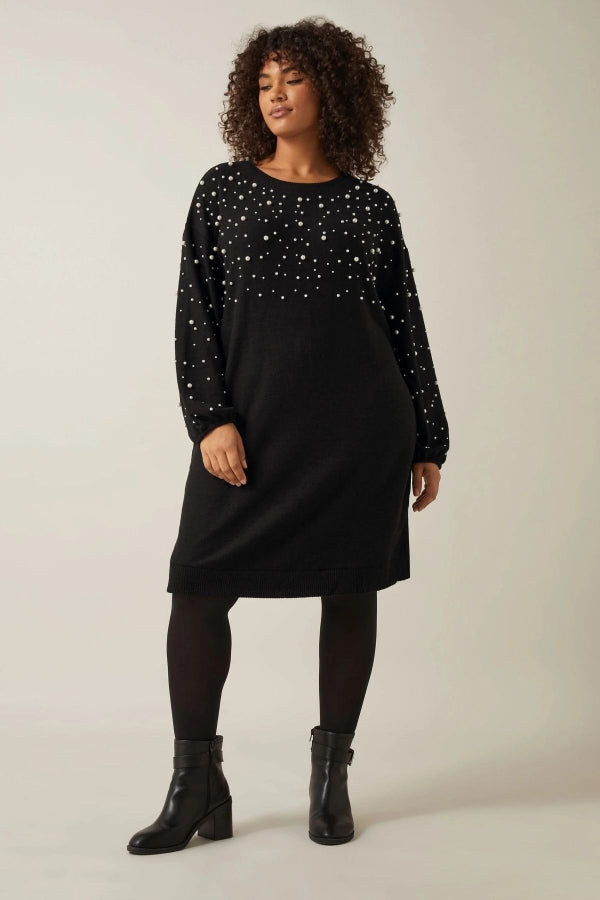 Büyük Beden Bisiklet Yaka Balon Kol Boncuk İşlemeli Triko Elbise 615669 Vervegrand