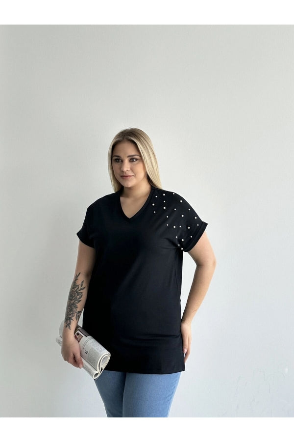 Büyük Beden Kısa Kollu V Yaka Yanları Yırtmaçlı Boncuklu Basic T-shirt RFT-04 Vervegrand