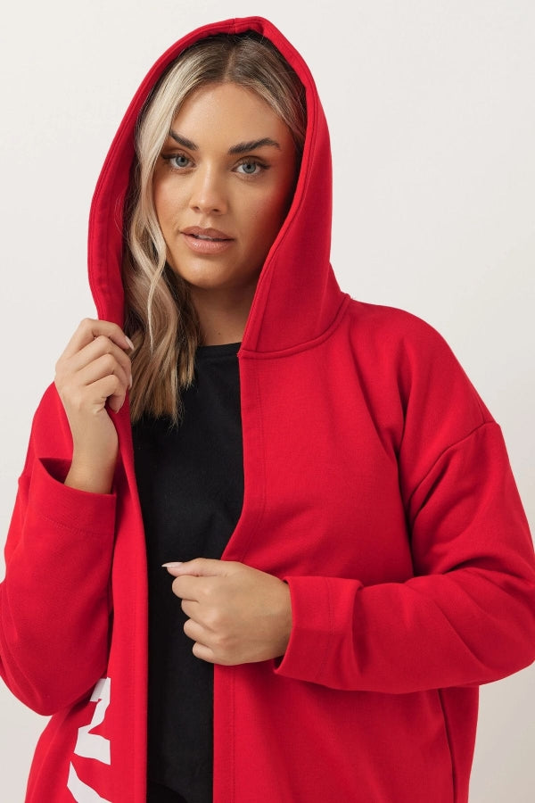 Büyük Beden Kapüşonlu Uzun Kollu Yazı Baskılı Cepsiz Hırka 303982 Vervegrand