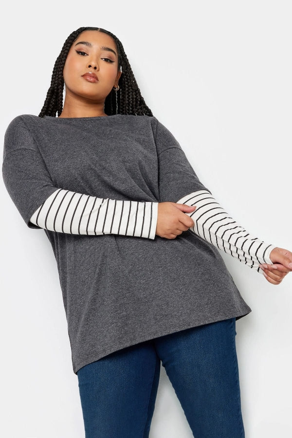 Büyük Beden Bisiklet Yaka Çift Katlı Kolları Çizgili T-shirt 302764 Vervegrand
