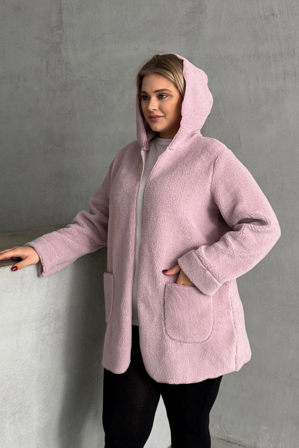 Büyük Beden Uzun Kollu Kapüşonlu Önü Kapamasız Cepli Peluş Ceket 97-14 Vervegrand