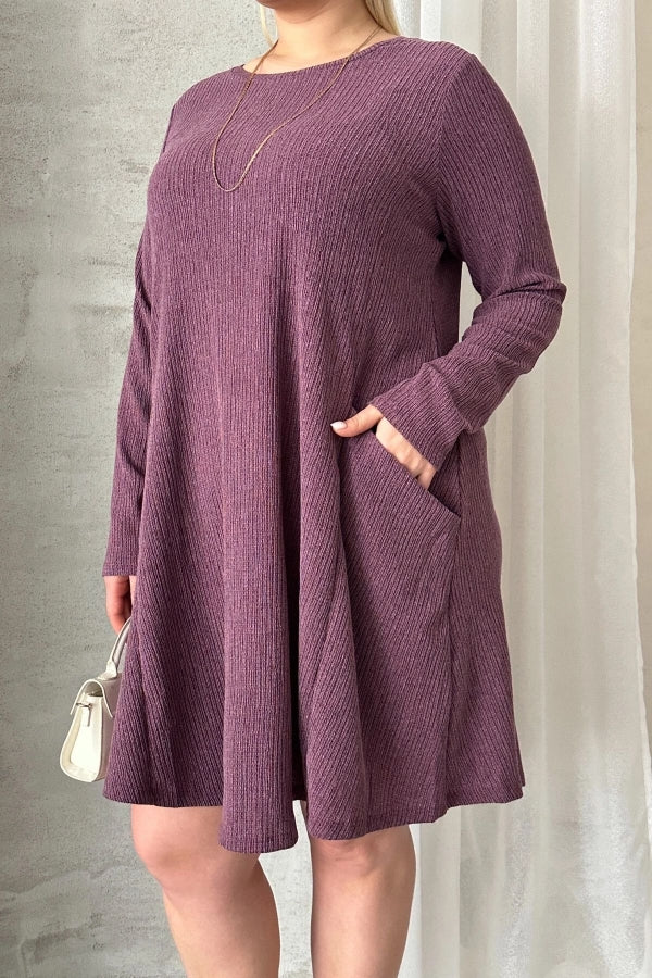 Büyük Beden Uzun Kollu Bisiklet Yaka Cepli Fitilli Elbise 100-186 Vervegrand