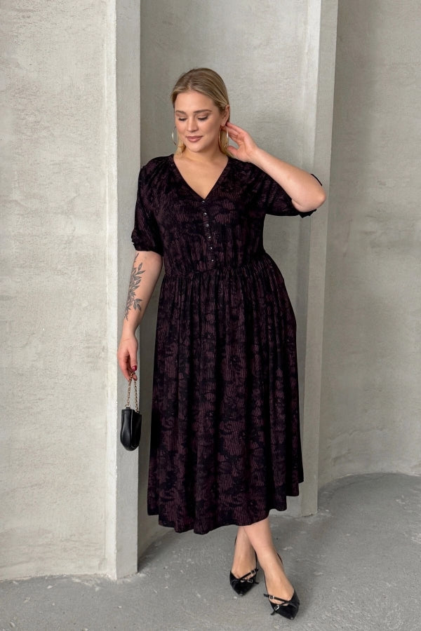 Büyük Beden Kısa Kollu V Yaka Önü Düğmeli Beli Lastikli Elbise 303699 Vervegrand