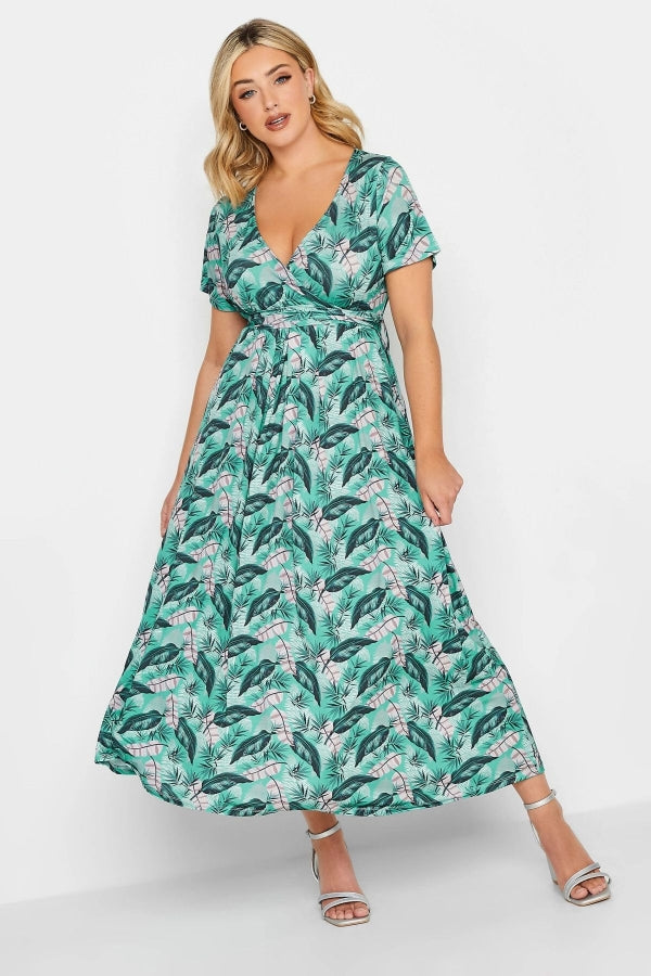 Büyük Beden V Yaka Kısa Kollu Desenli Anvelop Elbise 302161 Vervegrand