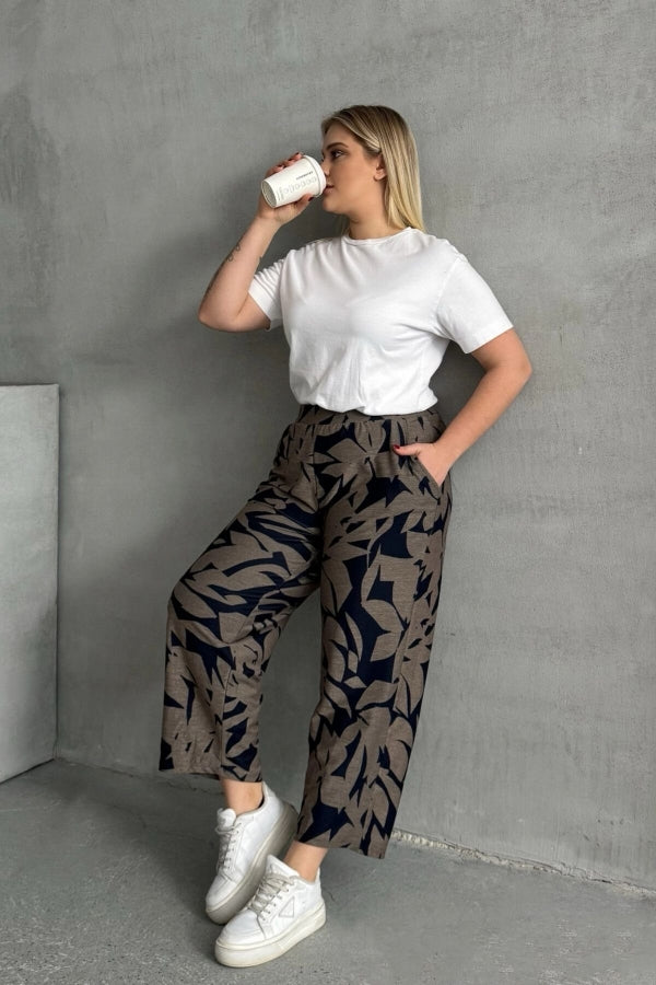 Büyük Beden Beli Lastikli Bol Paça Desenli Cepli Pantolon 74-109 Vervegrand