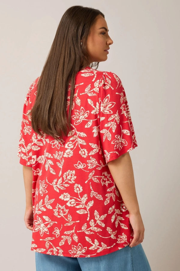 Büyük Beden V Yaka Kısa Kollu Önü Pileli Desenli Likralı Bluz 616172 Vervegrand