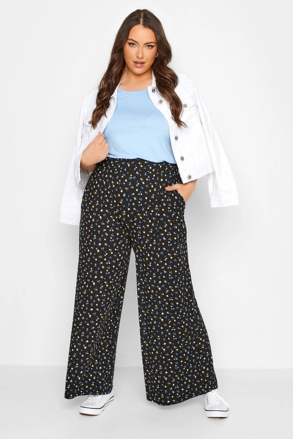 Büyük Beden Çiçek Desenli İspanyol Paça Cepli Likralı Pantolon 143297 Vervegrand