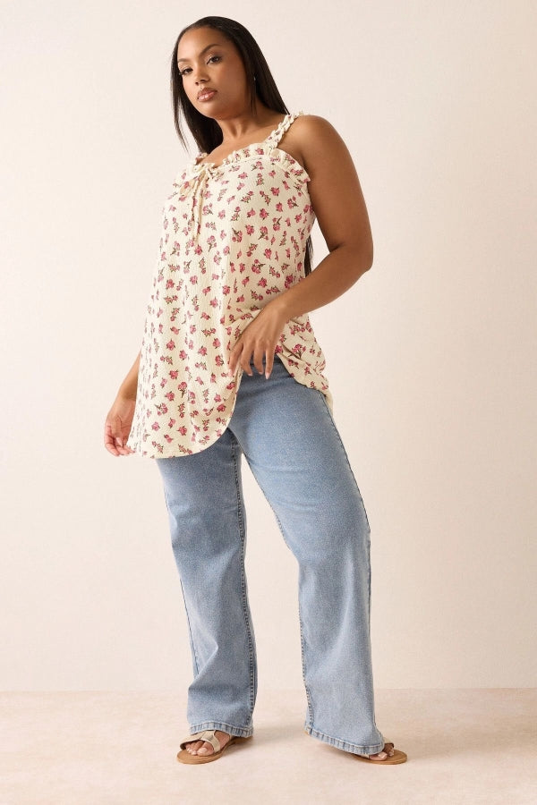 Büyük Beden Çiçek Desenli Bürümcük Kumaş Kare Yaka Kolsuz Bluz 322688 Vervegrand