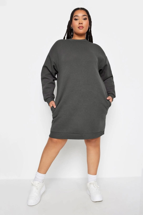 Büyük Beden Bisiklet Yaka Uzun Kollu Kısa Sweatshirt Elbise 126444 Vervegrand