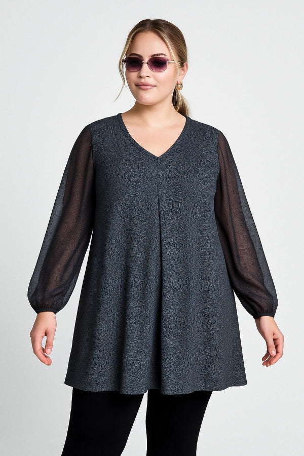 Büyük Beden Uzun Tül Kol V Yaka Bilekleri Lastikli Simli Bluz 78-132 Vervegrand