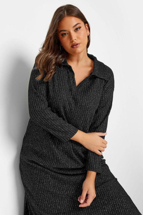 Büyük Beden Polo Yaka Yırtmaç Detaylı Midi Boy Triko Elbise 301580 Vervegrand