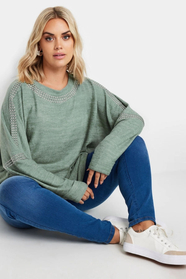 Büyük Beden Bisiklet Yaka Uzun Kollu Zımba Detaylı Kazak 303075 Vervegrand