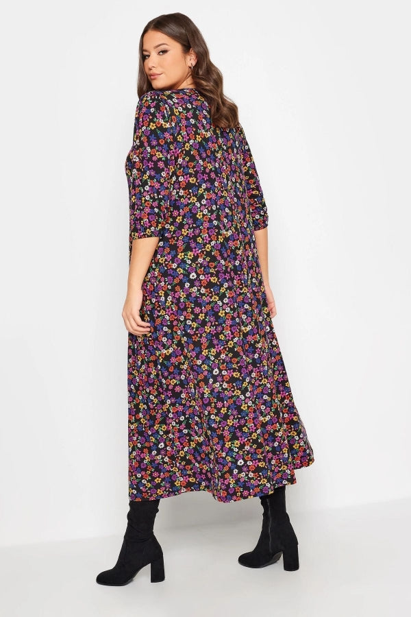 Büyük Beden V Yaka Desenli Yarım Kollu Cepli Elbise 302743 Vervegrand