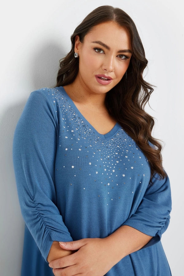 Büyük Beden V Yakası Taş İşlemeli Kolları Büzgülü Bluz 322297 Vervegrand