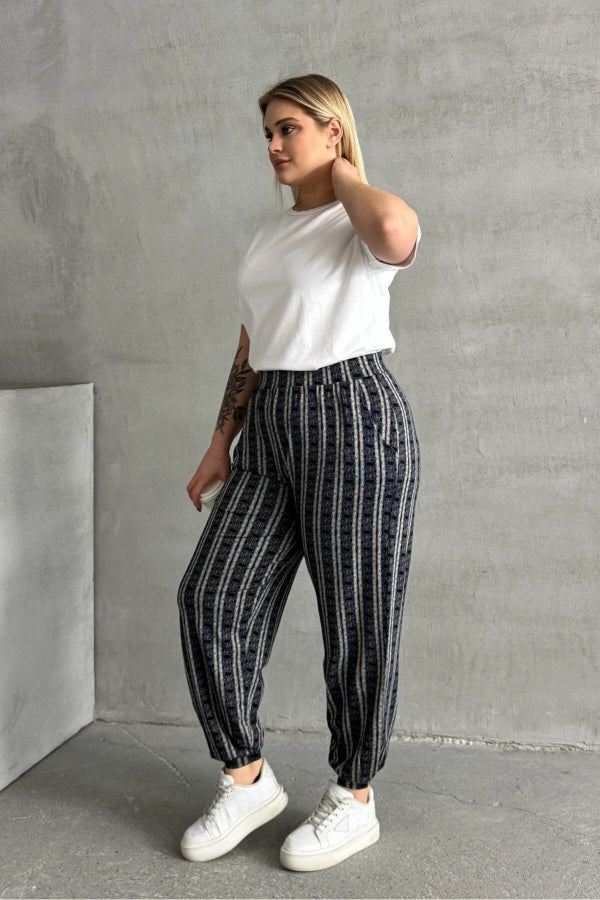 Büyük Beden Beli ve Paçası Lastikli Çizgili Cepli Pantolon 89-71 Vervegrand