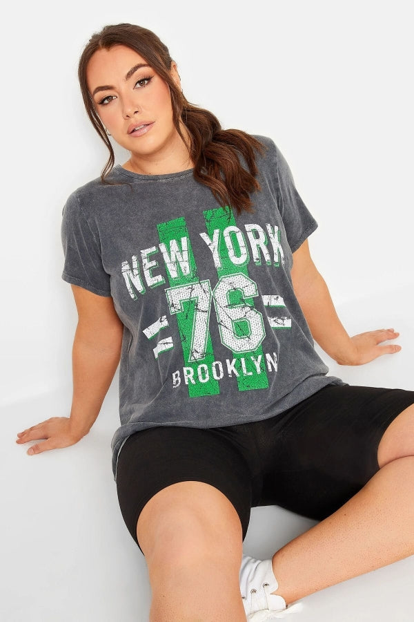 Vervegrand büyük beden New York baskılı füme yıkamalı t-shirt