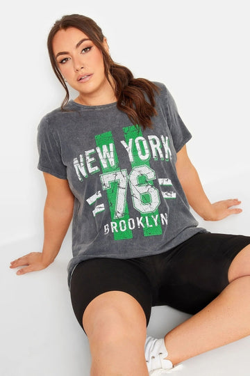 Vervegrand büyük beden New York baskılı füme yıkamalı t-shirt
