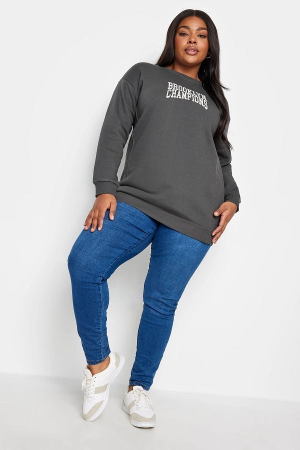 Büyük Beden Bisiklet Yaka Uzun Kollu Önü Baskılı Sweatshirt 302841 Vervegrand