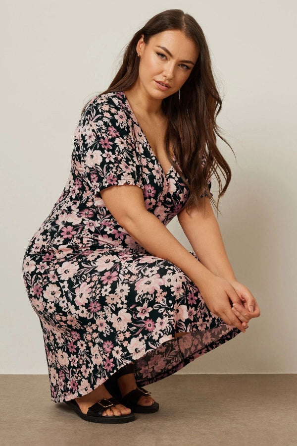 Büyük Beden V Yaka Kısa Kollu Çiçek Desenli Mini Elbise 137983 Vervegrand