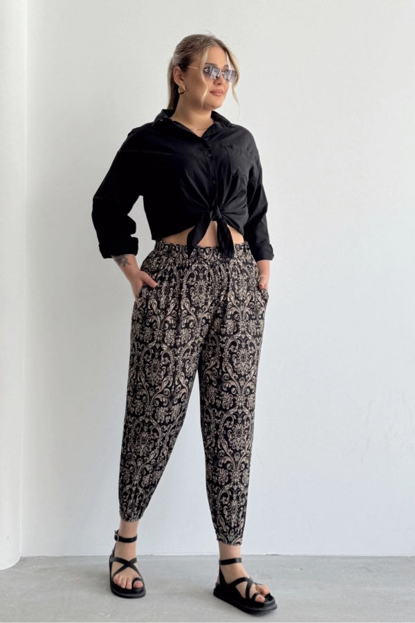 Büyük Beden Beli ve Paçası Lastikli Cepli Desenli Şalvar Pantolon 74-75 Vervegrand